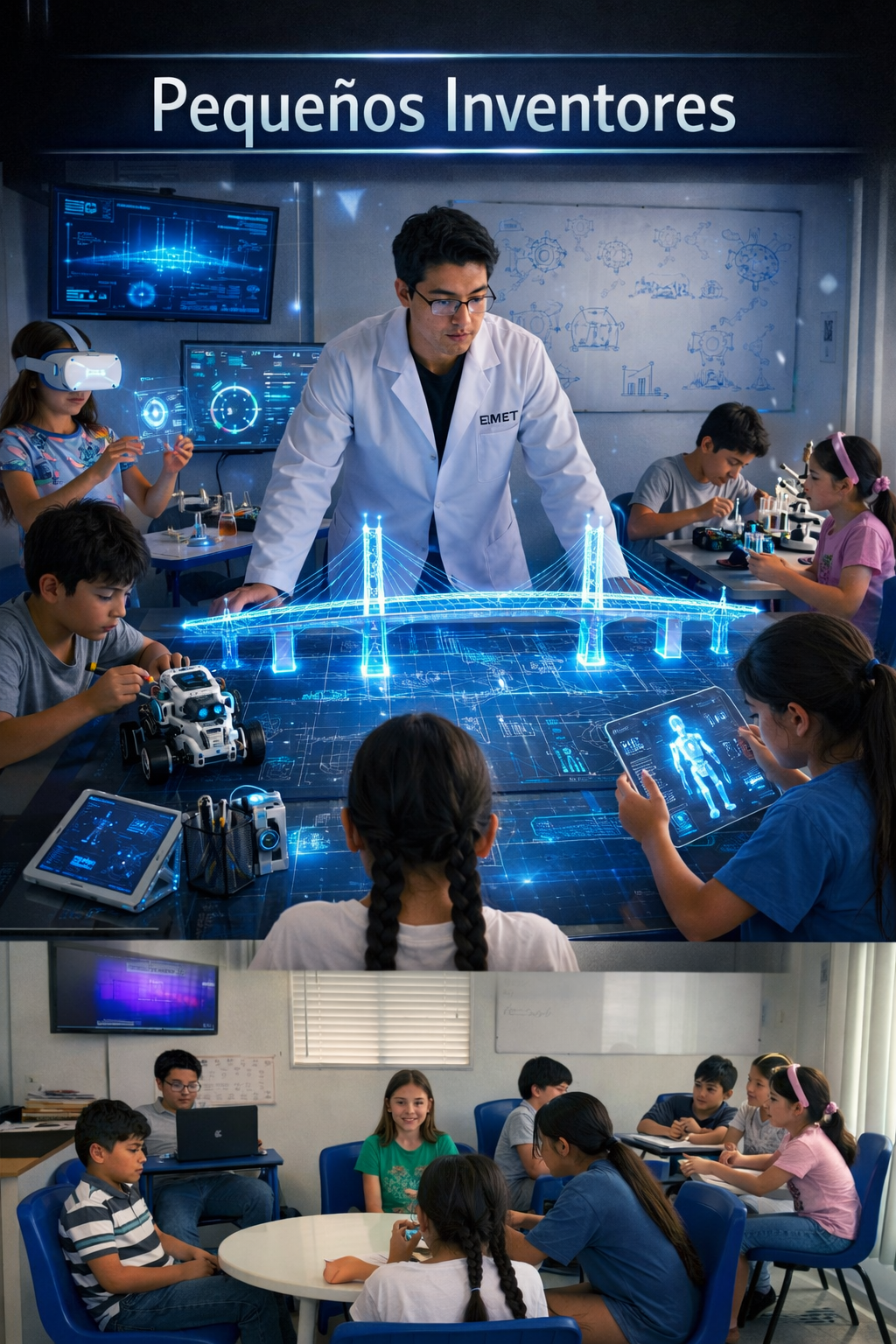 Niños trabajando con IA, robótica y hologramas